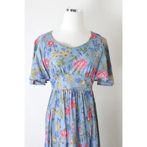 Vintage 1970s Prairie Floral Maxi Dress Flutter Sleeve Empire Waist Tie Blue - Picture 2 of 12